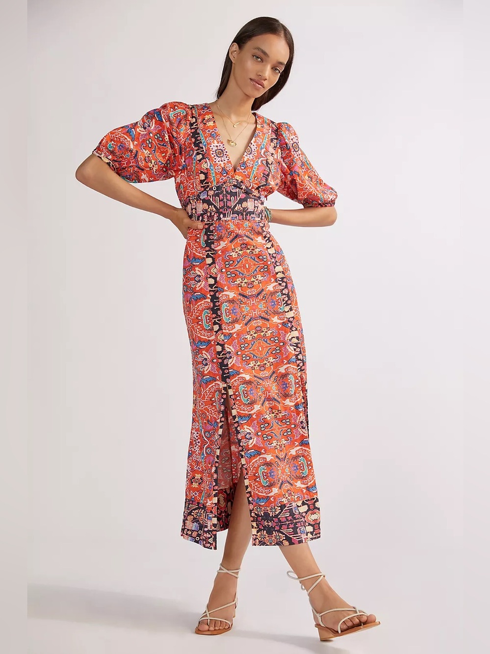 Anthropologie Bohemian Floral Maxi Dress Multicolor Orange Pink Abstract